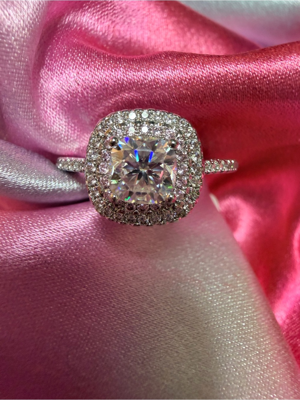 New Moissanite Ring Cushion with shimmering Double Halo and Pave’ Band - Picture 6 of 9